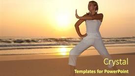  Presentation with morning sunrise - Beautiful presentation theme featuring woman doing morning exercises at sunrise time near the ocean backdrop and a tawny brown colored foreground