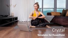  Presentation with home health care - Slide set featuring woman-doing-online-yoga background and a violet colored foreground