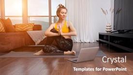  Presentation with home health care - Slide set enhanced with woman-doing-online-yoga background and a tawny brown colored foreground