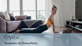  Presentation with video conference - Cool new presentation design with woman-doing-online-yoga backdrop and a light blue colored foreground