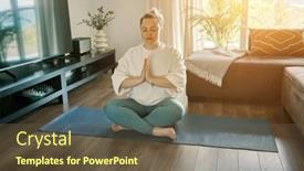  Presentation with home health care - Slide deck featuring woman-doing-online-yoga background and a tawny brown colored foreground