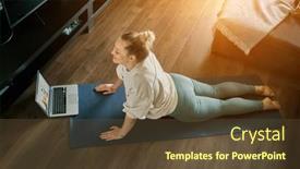  Presentation with home health care - Presentation with woman-doing-online-yoga background and a tawny brown colored foreground