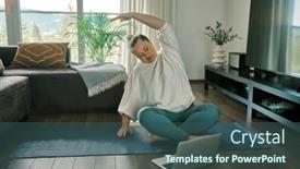  Presentation with home health care - Presentation theme featuring woman-doing-online-yoga background and a ocean colored foreground
