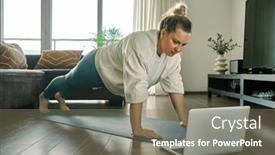  Presentation with home health care - PPT theme having woman-doing-online-yoga background and a gray colored foreground