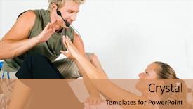  Presentation with trainer - Beautiful PPT layouts featuring woman doing sit-ups for her fitness in the gym assisted by her personal trainer backdrop and a coral colored foreground
