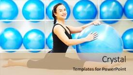  Presentation with pilates - Colorful PPT layouts enhanced with woman doing split with fitness ball during pilates stretching exercises in sport club backdrop and a coral colored foreground