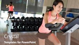  Presentation with biking - Audience pleasing presentation theme consisting of woman doing sport biking in the gym for fitness backdrop and a violet colored foreground
