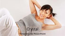  Presentation with strength - Amazing PPT layouts having woman doing strength exercises for abdominal muscles isolated on white background backdrop and a mint green colored foreground