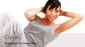  Presentation with abdominal - Amazing presentation having woman doing strength exercises for abdominal muscles isolated on white background backdrop and a light gray colored foreground