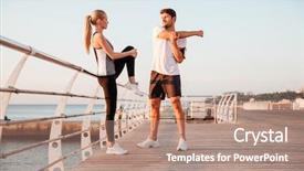  Presentation with exercises - Cool new PPT theme with woman doing stretching exercises outdoor backdrop and a coral colored foreground