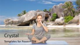  Presentation with clean water healthy concept - Theme featuring woman doing yoga breathing exercise background and a mint green colored foreground