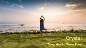  Presentation with tropical beach sunset - PPT theme featuring woman-doing-yoga-on-tropical background and a  colored foreground