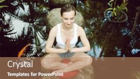  Presentation with fish pond - Audience pleasing slide set consisting of woman doing yoga at a pond with gold fish sitting on a stone backdrop and a coral colored foreground