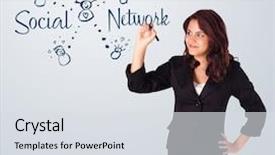  Presentation with network social media sns internet - Presentation design featuring woman draving social network theme background and a light gray colored foreground