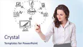 Presentation with mobile computing - Presentation featuring woman drawing a cloud computing background and a sky blue colored foreground