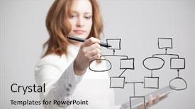  Presentation with business process - Slide set having woman drawing flowchart business process background and a light gray colored foreground