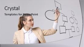  Presentation with business process - Slide deck having woman drawing flowchart business process background and a light gray colored foreground