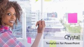  Presentation with flowchart - Presentation theme enhanced with woman drawing on flowchart with marker and smiling at camera in bright office background and a lemonade colored foreground