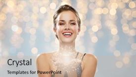  Presentation with happy holidays - Colorful PPT layouts enhanced with woman dress with fairy dust backdrop and a coral colored foreground