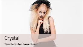  Presentation with costume - Amazing theme having woman dressed in black widow backdrop and a  colored foreground