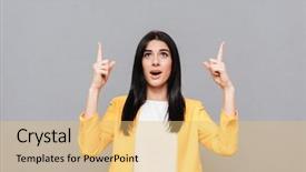  Presentation with teal and yellow - Amazing PPT theme having woman dressed in yellow jacket backdrop and a yellow colored foreground