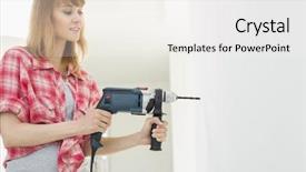  Presentation with drilling - Cool new PPT theme with woman drilling wall in new house backdrop and a sky blue colored foreground