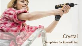  Presentation with drilling - Amazing PPT layouts having woman drilling wall in new house backdrop and a sky blue colored foreground