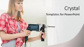  Presentation with drilling - Cool new slide set with woman drilling wall in new house backdrop and a sky blue colored foreground