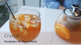  Presentation with fruit drink - Presentation enhanced with woman drink iced fruit tea in restaurant background and a red colored foreground