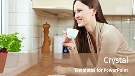  Presentation with kitchen - Presentation having woman drinking coffee in kitchen background and a  colored foreground