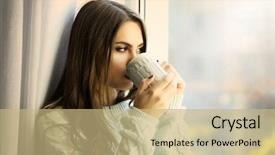  Presentation with coffee - Colorful PPT theme enhanced with woman drinking coffee near window backdrop and a coral colored foreground