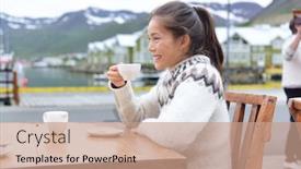  Presentation with people enjoying - Colorful theme enhanced with woman-drinking-coffee-on-sidewalk backdrop and a coral colored foreground