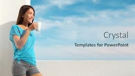  Presentation with tea coffee - Presentation theme featuring woman-drinking-tea-coffee-mug background and a light blue colored foreground