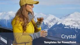 Presentation with mountain snow - Slide deck having woman drinking warm tea background and a ocean colored foreground