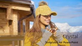  Presentation with snow mountain - Audience pleasing PPT theme consisting of woman drinking warm tea backdrop and a gold colored foreground