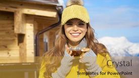  Presentation with mountain snow - Cool new slide deck with woman drinking warm tea backdrop and a gold colored foreground