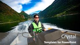  Presentation with beautiful nature - Colorful slide deck enhanced with woman-driving-a-motor-boat backdrop and a gray colored foreground