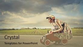  Presentation with toy - Beautiful presentation theme featuring woman driving a toy car backdrop and a coral colored foreground