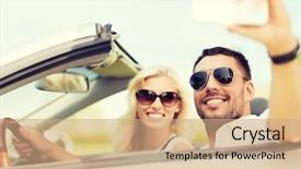  Presentation with road trip signs - Colorful PPT theme enhanced with woman driving in cabriolet car backdrop and a coral colored foreground