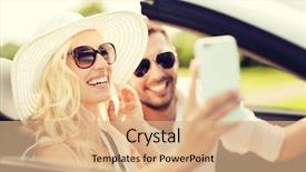  Presentation with road trip cars - Beautiful presentation theme featuring woman driving in cabriolet car backdrop and a coral colored foreground