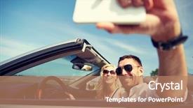 Presentation with road trip - Theme featuring woman driving in cabriolet car background and a coral colored foreground