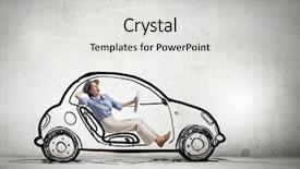  Presentation with old car - PPT theme with woman driving old styled drawn car mixed media background and a light gray colored foreground