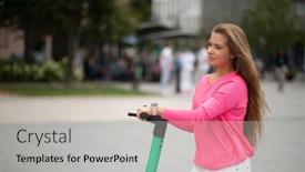  Presentation with sustainable urban - Audience pleasing slide set consisting of woman-driving-scooter backdrop and a light gray colored foreground
