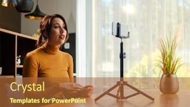  Presentation with conference - Colorful presentation theme enhanced with woman-during-online-conference backdrop and a red colored foreground