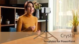  Presentation with conference - Slide set having woman-during-online-conference background and a coral colored foreground