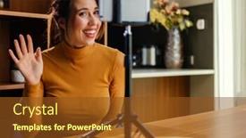  Presentation with conference - Audience pleasing presentation design consisting of woman-during-online-conference backdrop and a tawny brown colored foreground