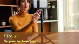  Presentation with conference - Presentation theme featuring woman-during-online-conference background and a tawny brown colored foreground