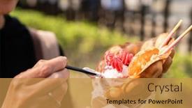  Presentation with ice cream - Colorful PPT theme enhanced with woman-eat-a-waffle-ice backdrop and a gold colored foreground