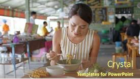  Presentation with eat - Beautiful theme featuring woman-eat-boat-noodles backdrop and a violet colored foreground