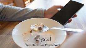  Presentation with cereal - Colorful presentation design enhanced with woman eat cereal with milk when using smartphone backdrop and a mint green colored foreground
